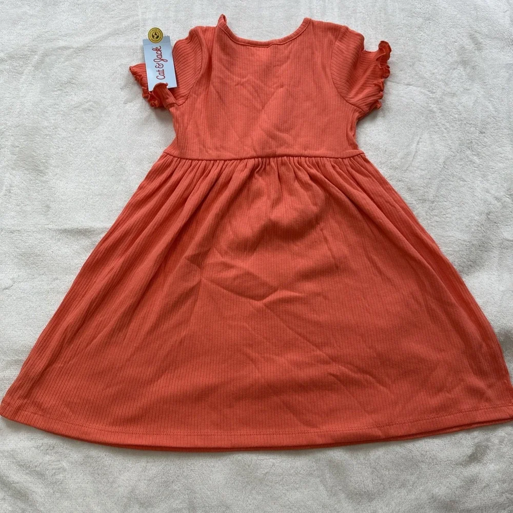 Cat & Jack Dress Toddler Girls Size 5T Coral Ruffle Short Sleeve Ribbed Knit NWT